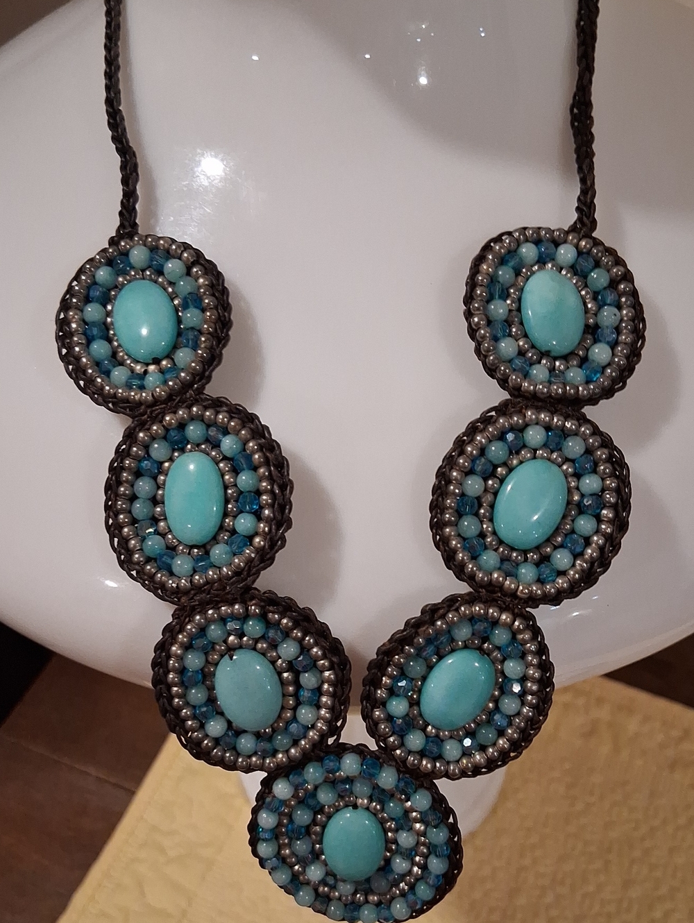 Turquoise Beaded Statement Necklace Braided Cord